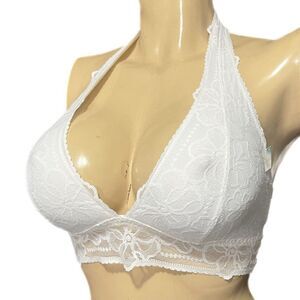 Victoria’s Secret Pink floral lace Unlined Halter bralette bra white Large A-C